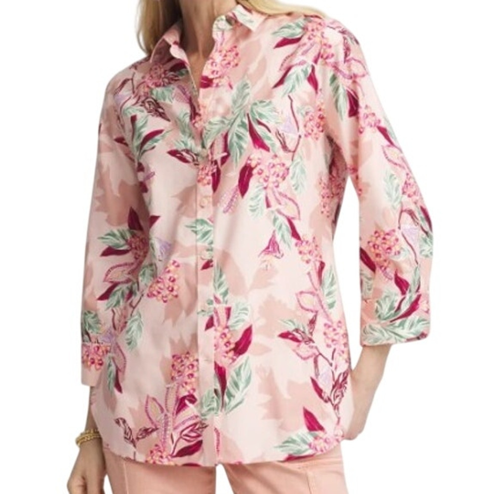 Chico's Size 2 | Large Pink Sateen Floral Button-Up Shirt Cotton Wrinkle Free
